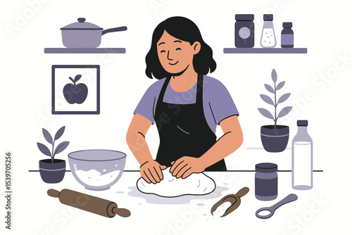 Flat-style vector illustration of a woman kneading dough on the kitchen counter, representing baking at home, traditional cooking skills, and homemade food in a cozy indoor setting.
