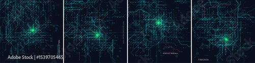 Glowing Data Circuits Map Background Set with glowing centre like route or cyberpunk underground map. Futuristic Intelligence Cyber Grid BG Design. Vector Illustration.