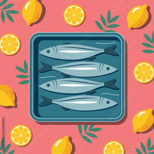 Mediterranean seafood vector with lemons. Sardines or mackerel in blue tray illustration