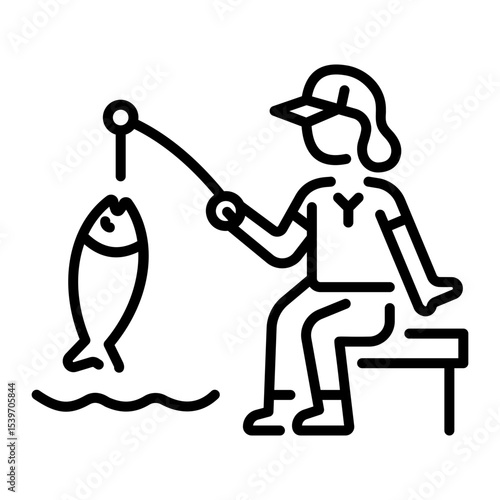 An outline style icon depicting fishing woman