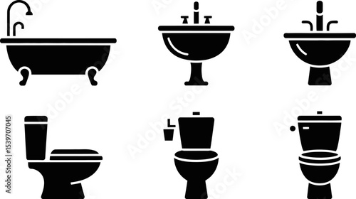 Black and white bathroom fixture icons including bathtub sinks and toilets arranged in a grid pattern
