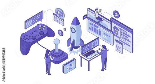 Concept of digital collaboration and innovation in game development and technology vector illustration