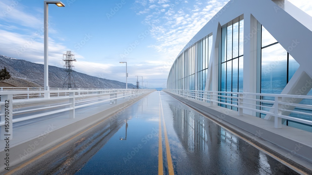 Fototapeta premium A modern, white bridge stretches across a calm body of water, reflecting the clear sky and mountains in the wet roadway. The structure features large glass panels, offering expansive views