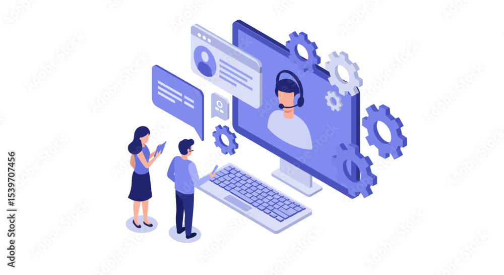 Virtual customer support concept with isometric design - online communication and assistance vector illustration Virtual customer support concept with isometric design - online communication and assistance vector illustration