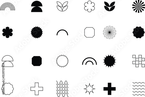 Brutalist abstract geometric shapes and grids. Brutal contemporary figure star oval spiral flower and other primitive elements. Shapes In Perfectly Arranged Pattern