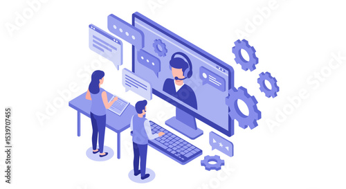 Remote support and team collaboration in a digital workspace vector illustration