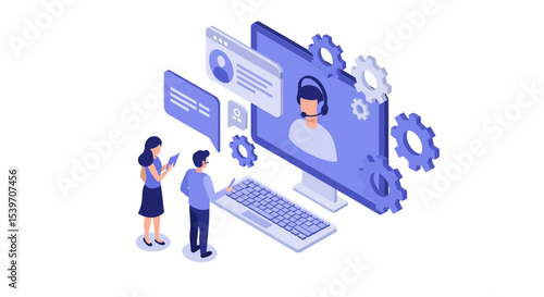 Virtual customer support concept with isometric design - online communication and assistance vector illustration