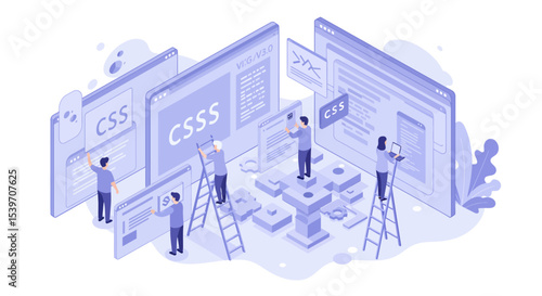 Collaborative web development team working on css code for enhanced digital design vector illustration