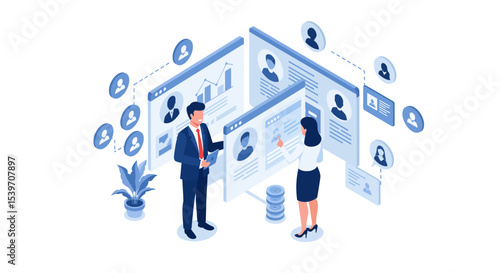 Digital collaboration and data analysis in a virtual workspace environment vector illustration