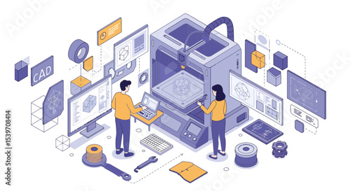 Innovative 3d printing process with engineers in a high-tech design lab environment vector illustration