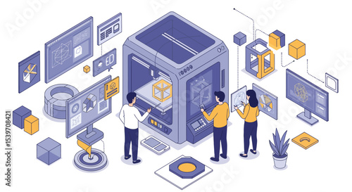 Futuristic 3d printing concept with engineers designing innovative prototypes in a modern tech lab vector illustration