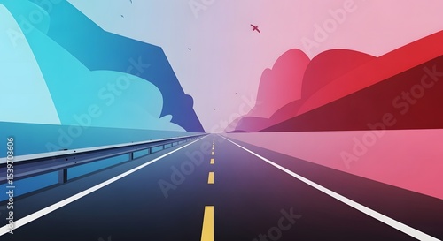 Abstract Road Trip: Blue Mountains Meet Red Hills Under a Bird-Filled Sky