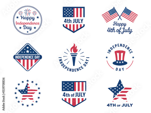 collection of vintage patriotic badges and icons celebrating 4th of july independence day with american flags, stars, and symbols