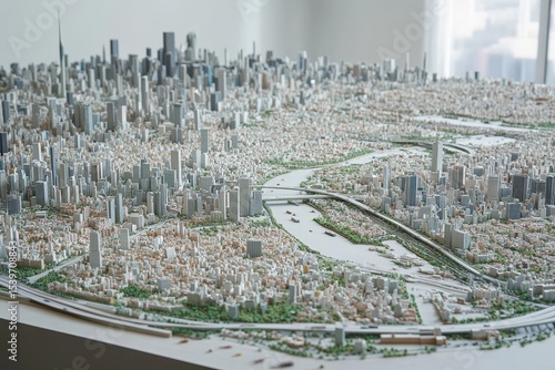 Detailed Urban Model of a Cityscape Featuring Buildings and Landscapes