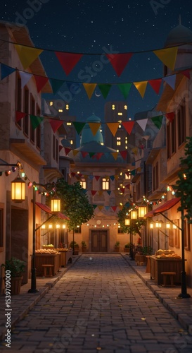 Night Market Festivities: A Charming Cobblestone Street Scene at Twilight