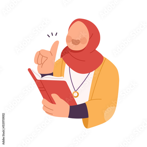 A hijab-wearing female office worker smiling holding a notebook in her hand while thinking of an idea and inspiration. Flat vector style illustration isolated on white background