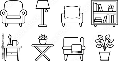 Illustration of living room furniture including armchairs plants and tables in a line art style