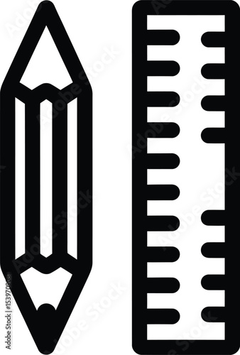 Pencil and Ruler Icon – Black Line Art of Drawing and Measuring Tools Vector Illustration