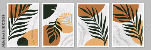 Set of Modern Abstract Botanical Wall Posters with Tropical Leaves and Shapes