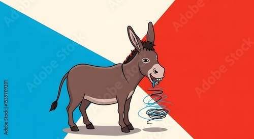 Cartoon Donkey with Blue Tongue and Spirals on Red White and Blue Background