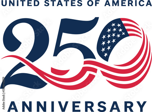 united states 250th anniversary logo featuring american flag, patriotic typography, red white blue theme, commemorative milestone