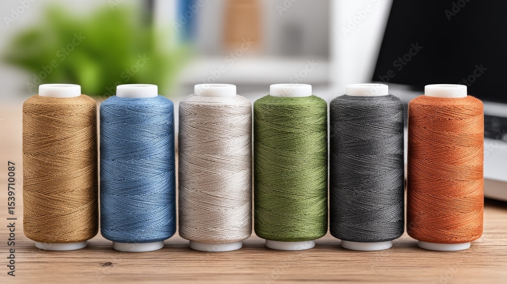 Creating handmade embroidery art with neon spools of thread next to a laptop in a cozy hobby space Creating handmade embroidery art with neon spools of thread next to a laptop in a cozy hobby space