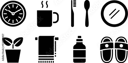 Black and white icons depicting bathroom and morning routine items arranged in two rows on white background