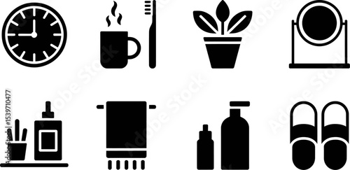 A set of bathroom icons featuring a clock, mug, toothbrush, plant, mirror, toiletries, towel, slippers