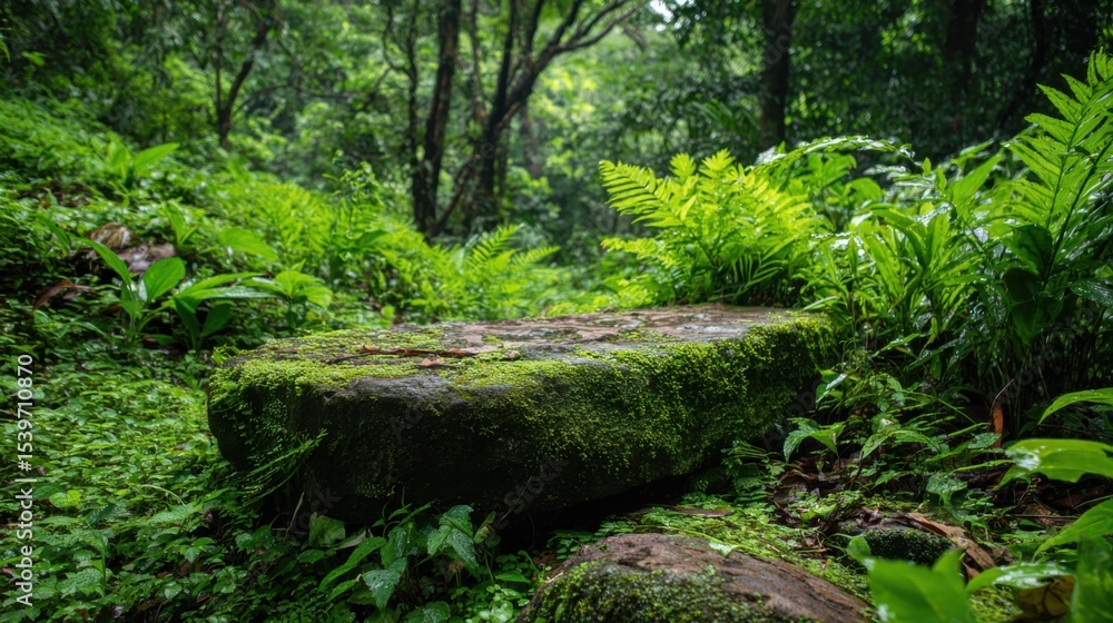 Naklejka premium Mossy Stone Podium in Tropical Jungle