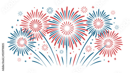 red and blue fireworks explosion illustration with stars and sparkles on white background, perfect for celebration or holiday themes
