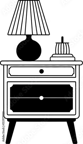 Illustration of a bedside table with a lamp and a decorative object in black and white style