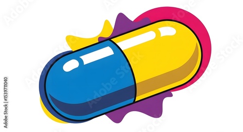Stylized Blue and Yellow Capsule with Abstract Color Accents on White Background