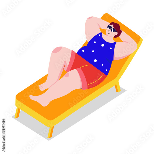 A flat style illustration showing a sunbathing character 
