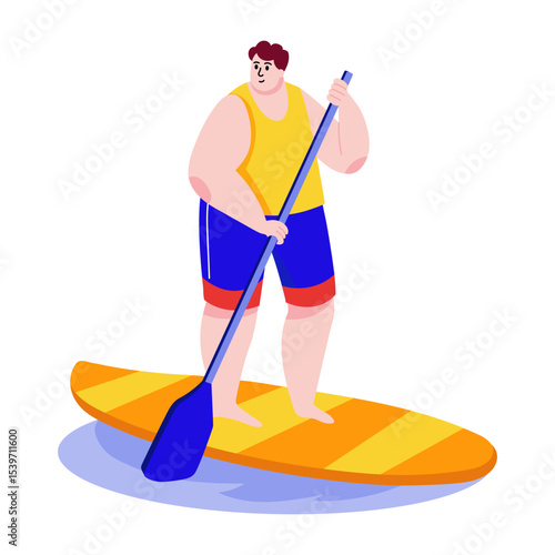 A flat style illustration showing a person doing paddleboarding 
