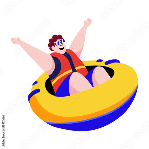 A flat style illustration showing a person enjoying sea tubing 

