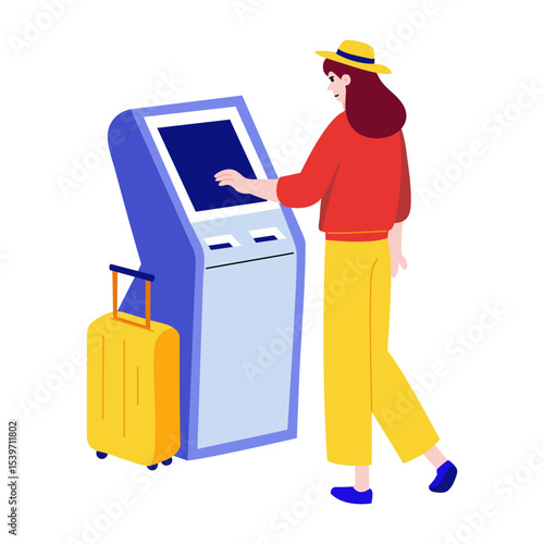 A flat style illustration showing a person using kiosk 
