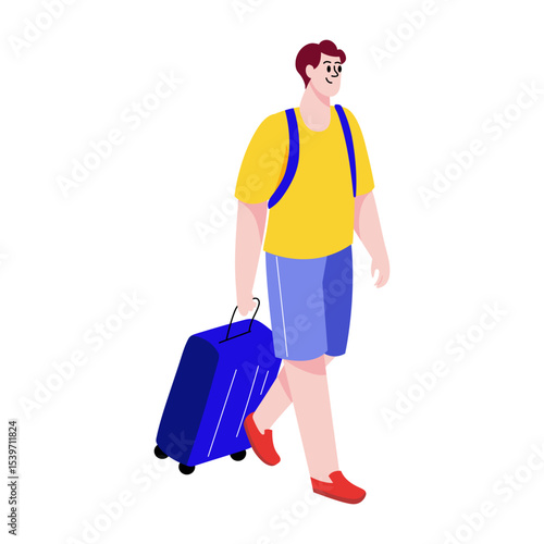 A flat style illustration showing a person travelling alone 
