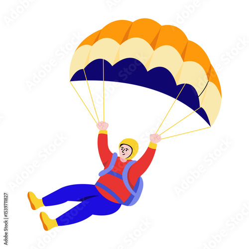 A flat style illustration showing a person skydiving 
