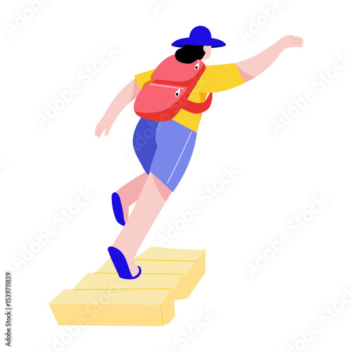 A flat style illustration showing a person having travel fun 
