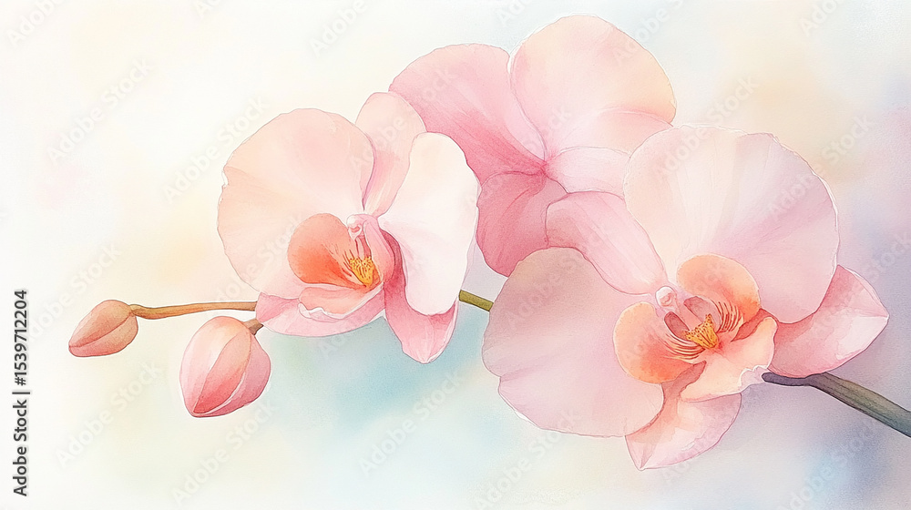 Obraz premium Pink Orchids in Watercolor on a Soft Pastel Background