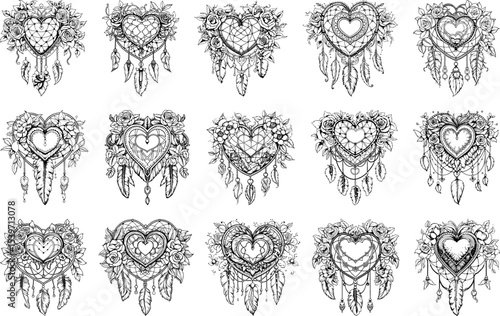Heart-shaped dreamcatcher vector set with floral, feather, and lace details perfect for boho tattoos, romantic decor, spiritual art, and bohemian-themed design projects.

