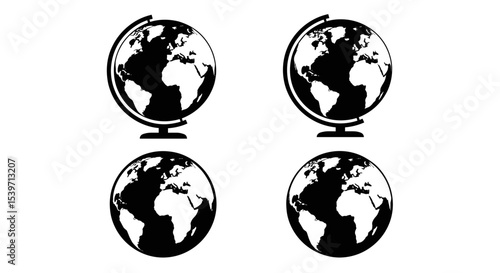 Globe Silhouette Icons Set — World Map Circles, Earth Globe Badges and Planet Earth Symbols in Black and White