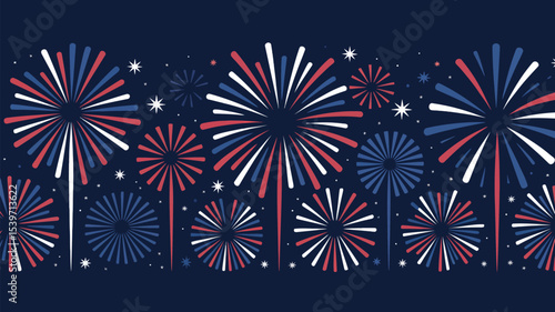 vibrant fireworks burst in red, white, and blue on dark night sky backdrop, ideal for patriotic celebrations, holidays, and festive events