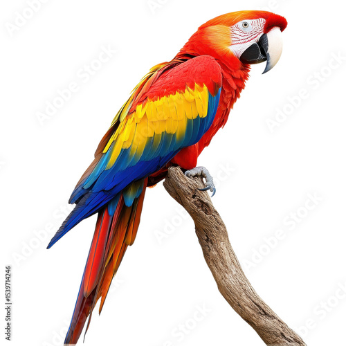 A scarlet macaw on branch on transparent background.