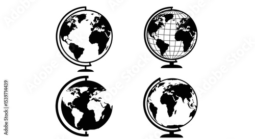 Globe Silhouette Icons Set — World Map Circles, Earth Globe Badges and Planet Earth Symbols in Black and White