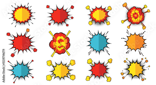 Comic Explosion and Burst Icons — Cartoon Bomb Clouds, Starburst Effects, Pop Art Explosions and Attention Badges