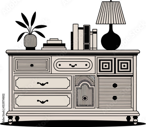 Illustration of a dresser with drawers books lamp and a plant in black and white minimalist style