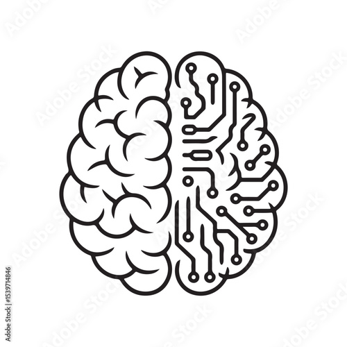 Brain intelligence half human half circuit icon symbolizing artificial intelligence and neural technology

