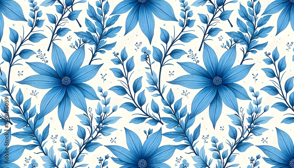 Classic Botanical Seamless Pattern Featuring Blue Flowers and Delicate Foliage for Wallpapers, Wrapping Papers, Textile Prints, and Digital Backdrops Classic Botanical Seamless Pattern Featuring Blue Flowers and Delicate Foliage for Wallpapers, Wrapping Papers, Textile Prints, and Digital Backdrops