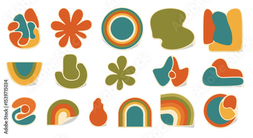 Retro Organic Shapes and Colorful Abstract Stickers — 1970s Style Blobs, Rainbows, Floral Motifs and Layered Geometric Elements